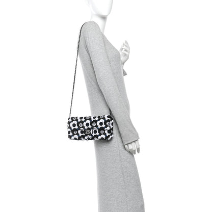 Chanel Satin Sequin Embellished Flower East West Flap Black White Blue 2 of 10