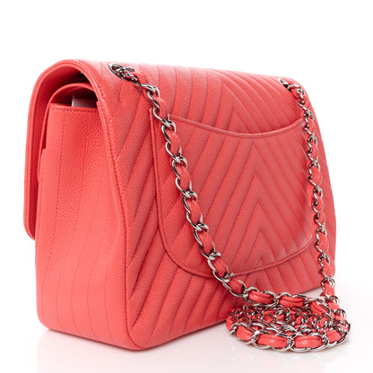 Chanel Caviar Chevron Quilted Jumbo Double Flap Coral 3 of 11