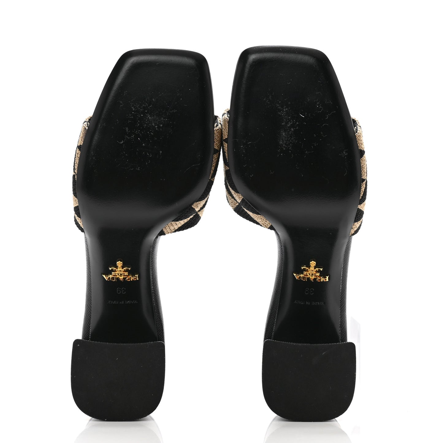 Jacquard Trianglolo Symbole Embroidered Metal Triangle Logo 65mm Block Heel Slide Sandals 39 Black Beige
