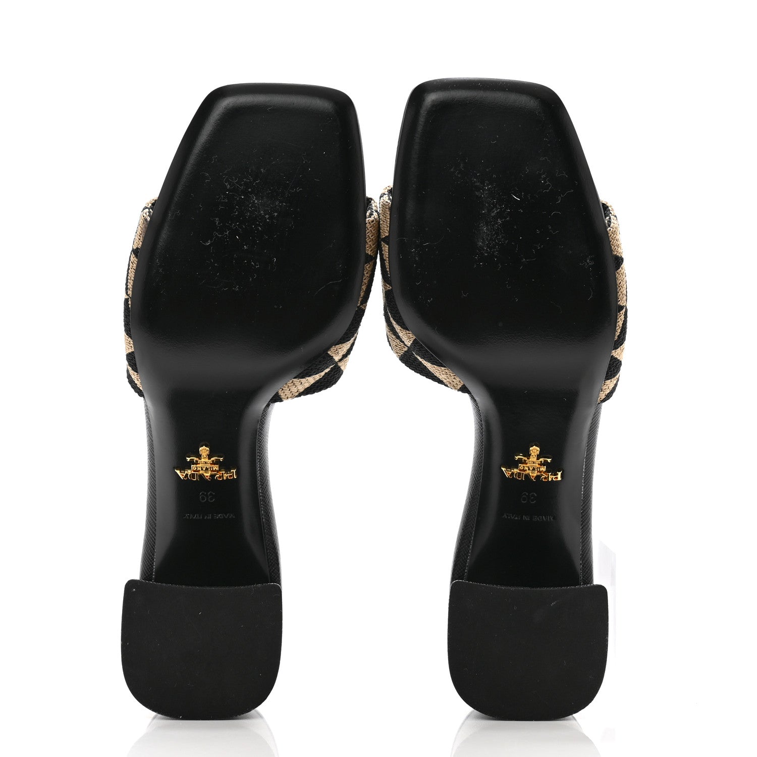 Prada Jacquard Trianglolo Symbole Embroidered Metal Triangle Logo 65mm Block Heel Slide Sandals 39 Black Beige 5 of 8