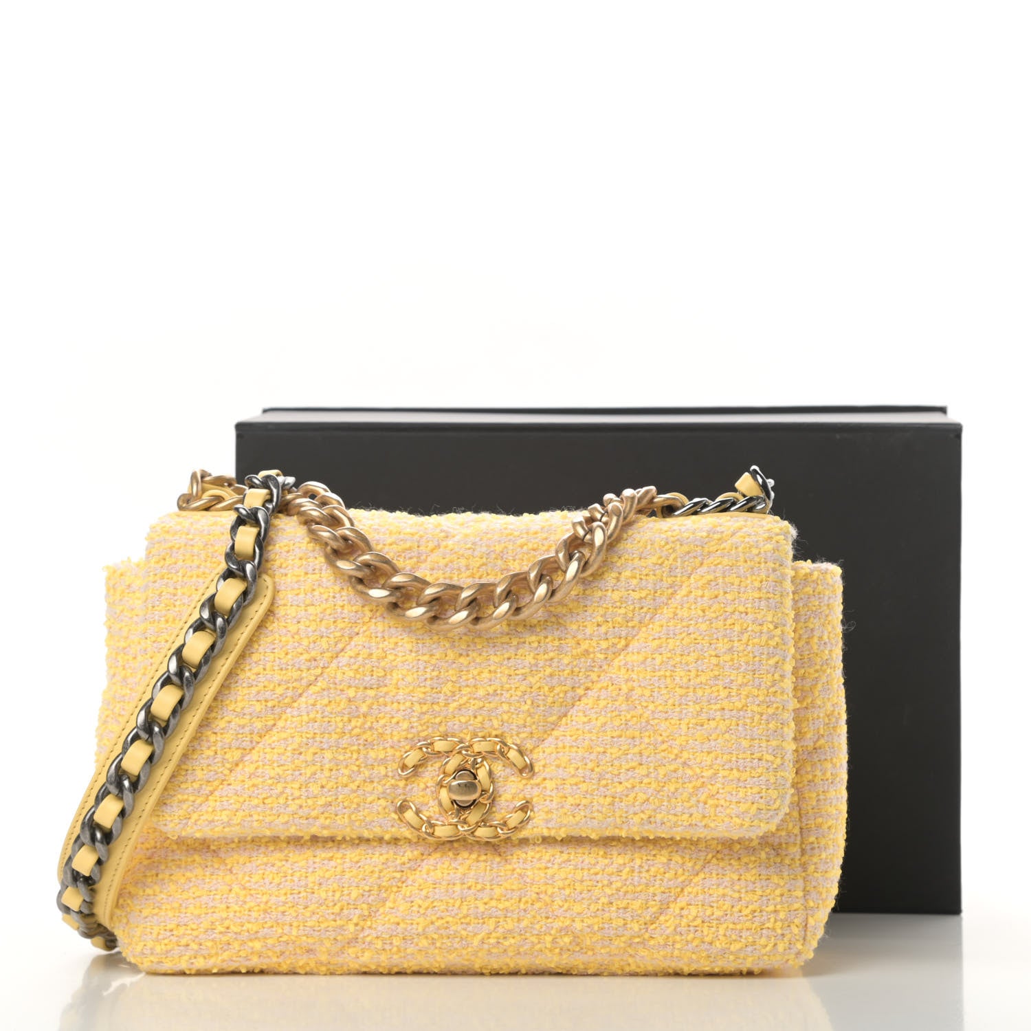 Chanel Tweed Quilted Medium Chanel 19 Flap Yellow Pink 11 of 11