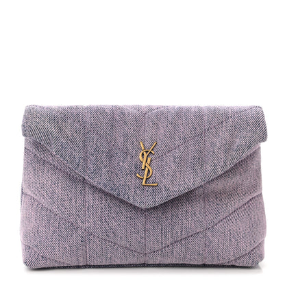 Saint Laurent Denim Quilted Loulou Puffer Monogram Pouch Clutch Bleached Lilac 1 of 8