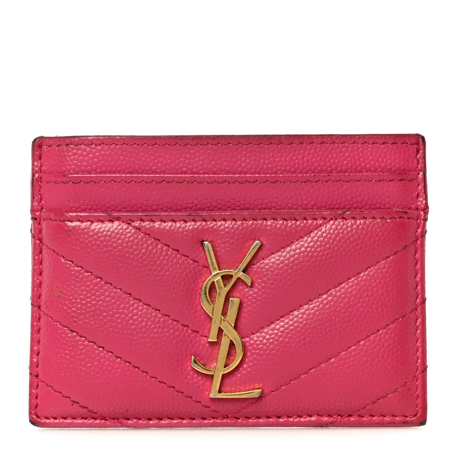 Saint Laurent Grain De Poudre Matelasse Chevron Monogram Credit Card Case Fresh Fuxia 1 of 12