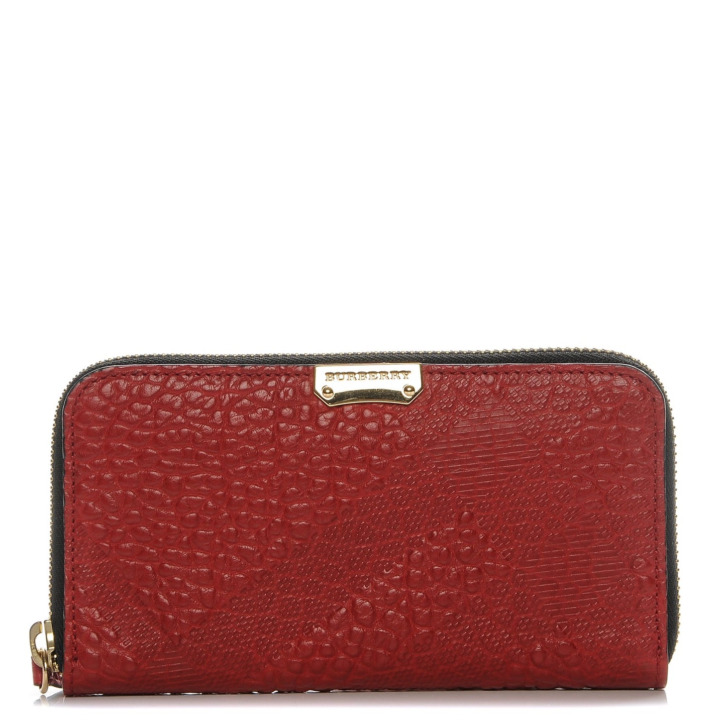 Grainy Calfskin Check Embossed Elmore Zip Around Wallet Red