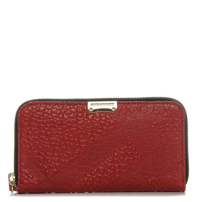 Burberry Grainy Calfskin Check Embossed Elmore Zip Around Wallet Red 1 of 8