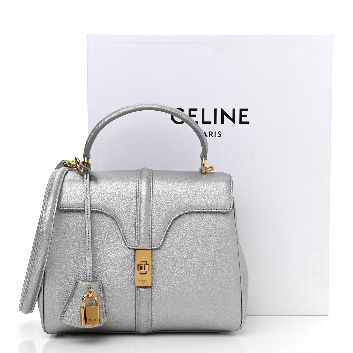 Laminated Grained Calfskin Small 16 Top Handle Bag Silver