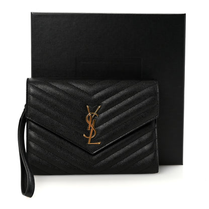 Saint Laurent Grain De Poudre Matelasse Chevron Monogram Envelope Clutch Black 7 of 7