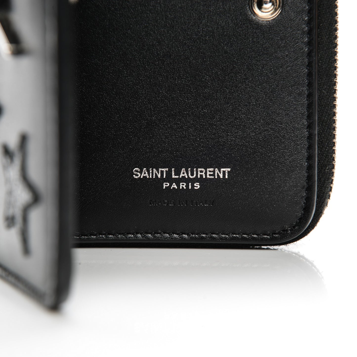 Calfskin Star Embellished Compact Zip Around Wallet Black