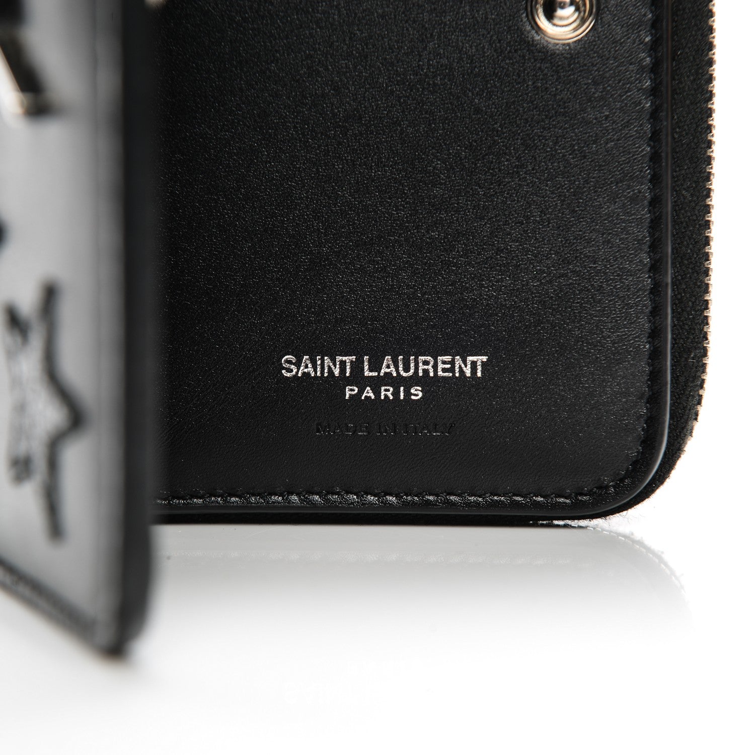 Saint Laurent Calfskin Star Embellished Compact Zip Around Wallet Black 6 of 6