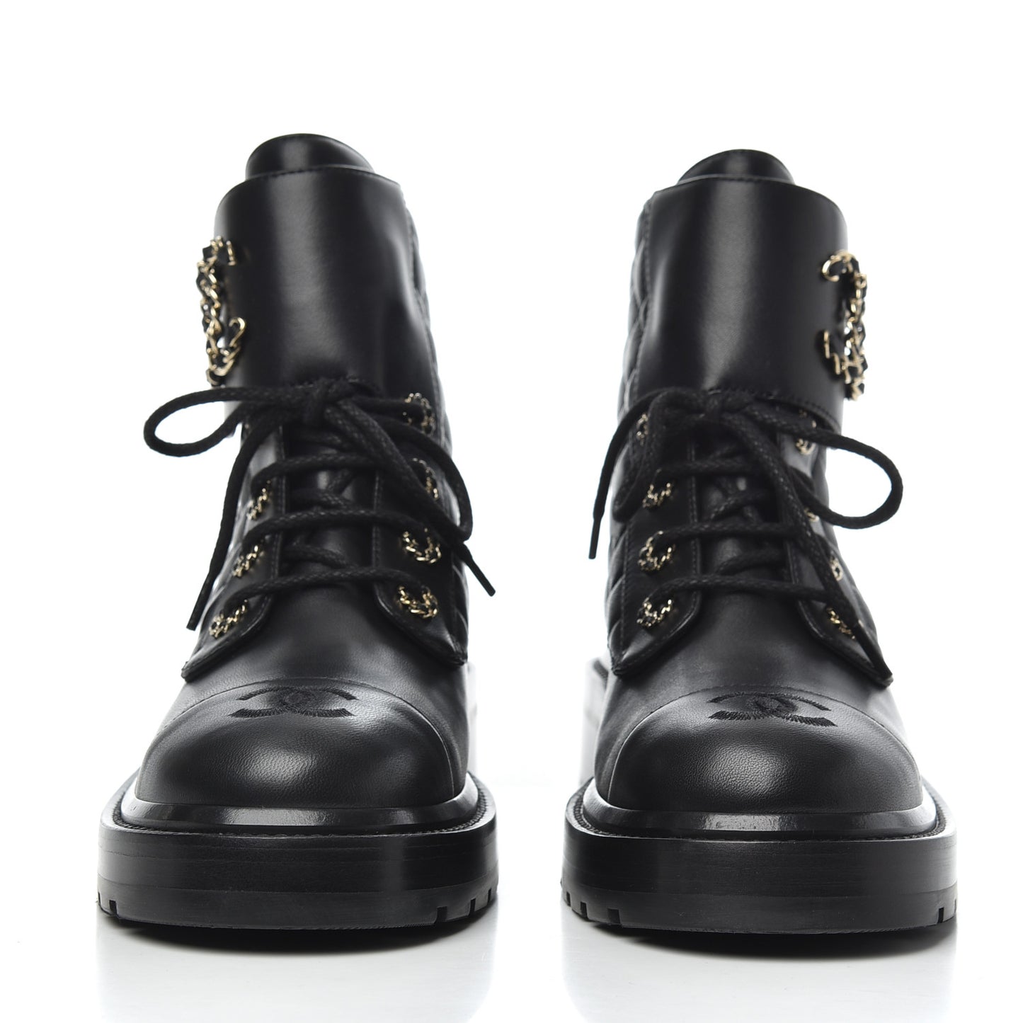 Shiny Lambskin Quilted Lace Up Combat Boots 39 Black