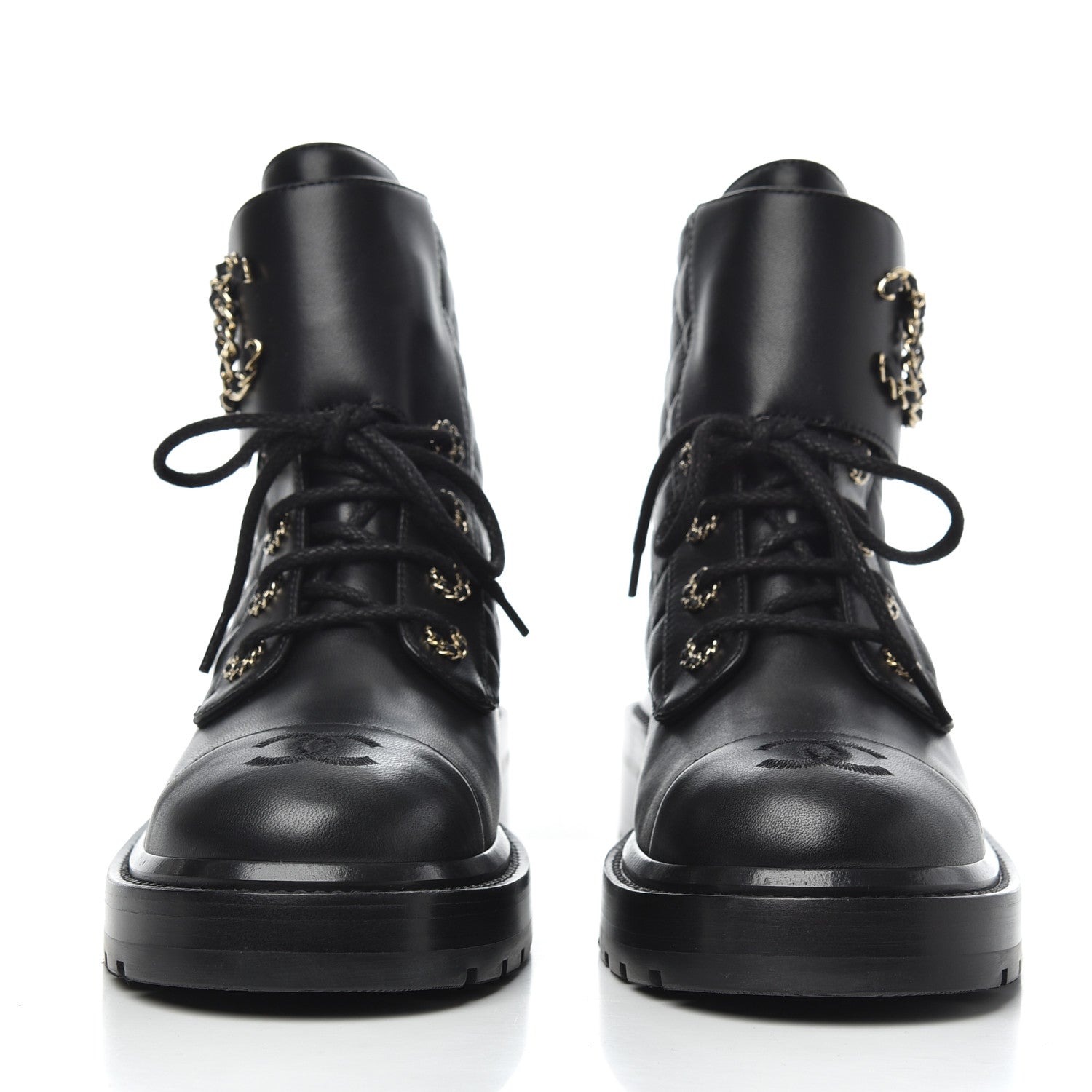 Chanel Shiny Lambskin Quilted Lace Up Combat Boots 39 Black 2 of 10