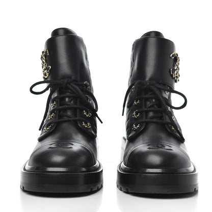 Chanel Shiny Lambskin Quilted Lace Up Combat Boots 39 Black 2 of 10