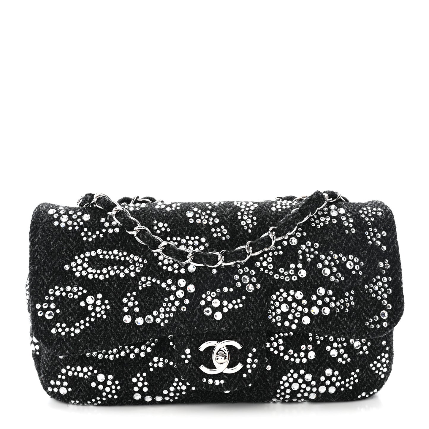 Tweed Swarovski Crystal Leopard Jumbo Flap  Black
