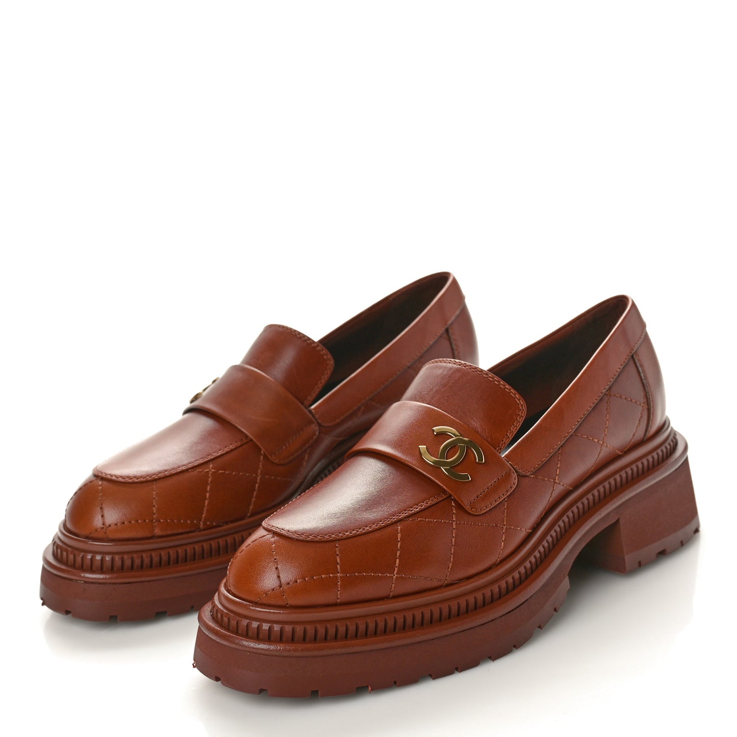 Calfskin Quilted CC Mocassin Loafers 36 Light Brown