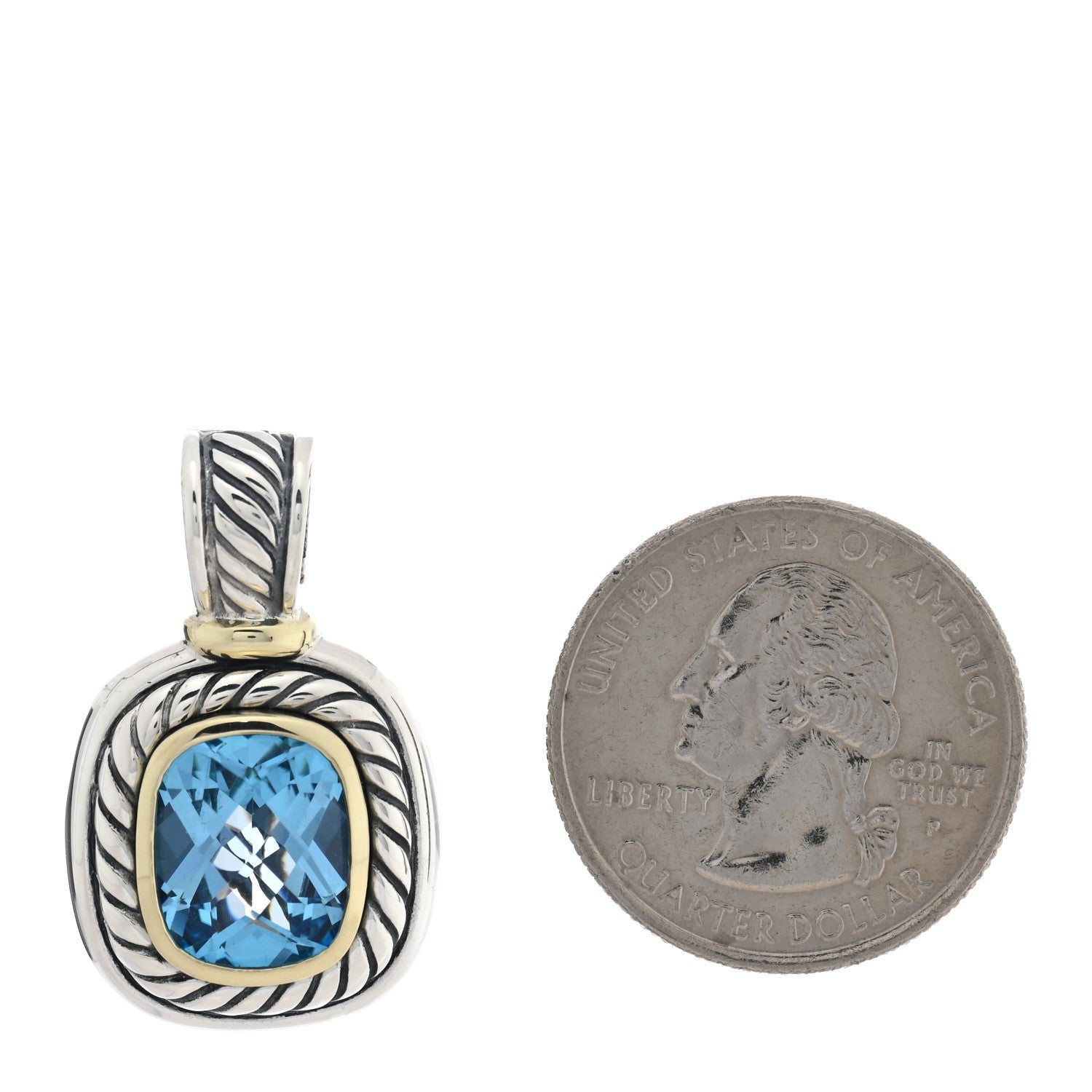 David Yurman Sterling Silver 14K Yellow Gold Blue Topaz 12mm Albion Enhancer Pendant 2 of 3