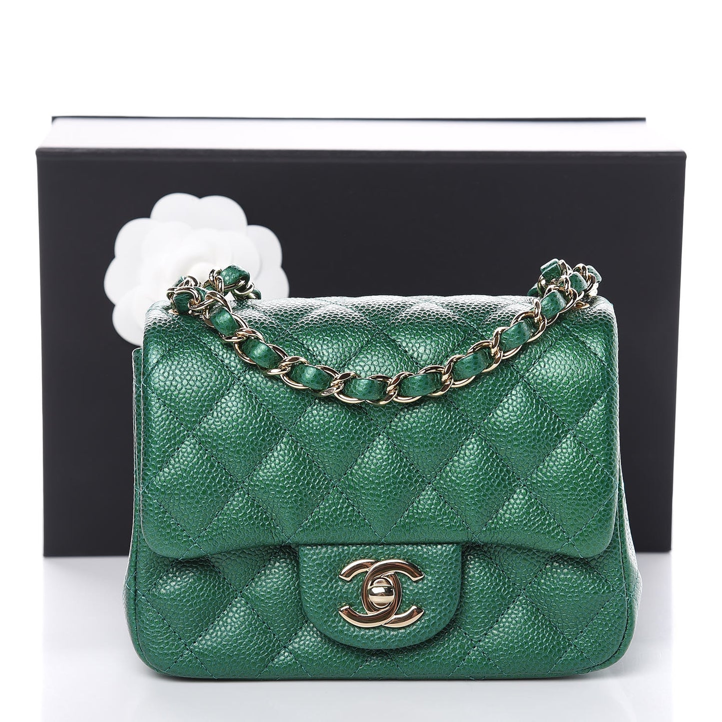 Metallic Caviar Quilted Mini Square Flap Green
