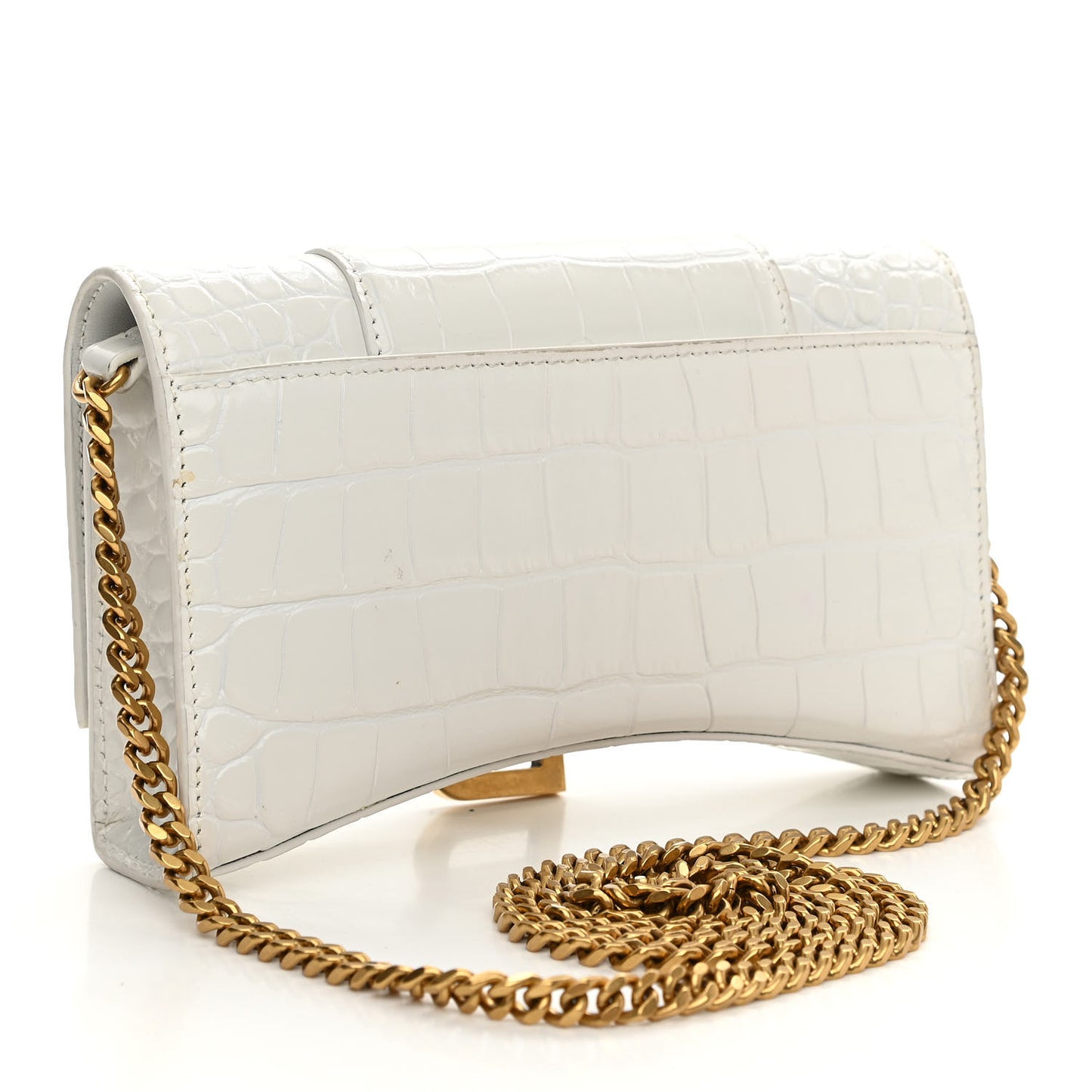 Shiny Calfskin Crocodile Embossed Hourglass Chain Bag White