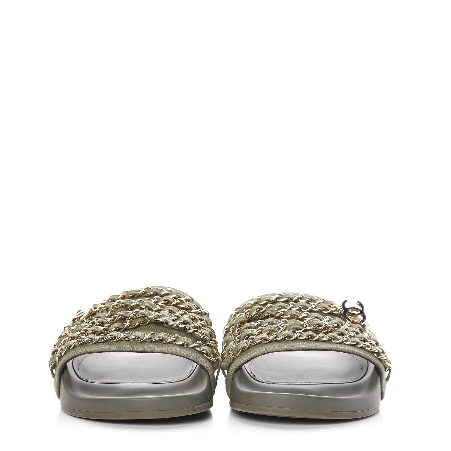 Chanel Canvas Chain Flat Sandals 37 Khaki 2 of 13