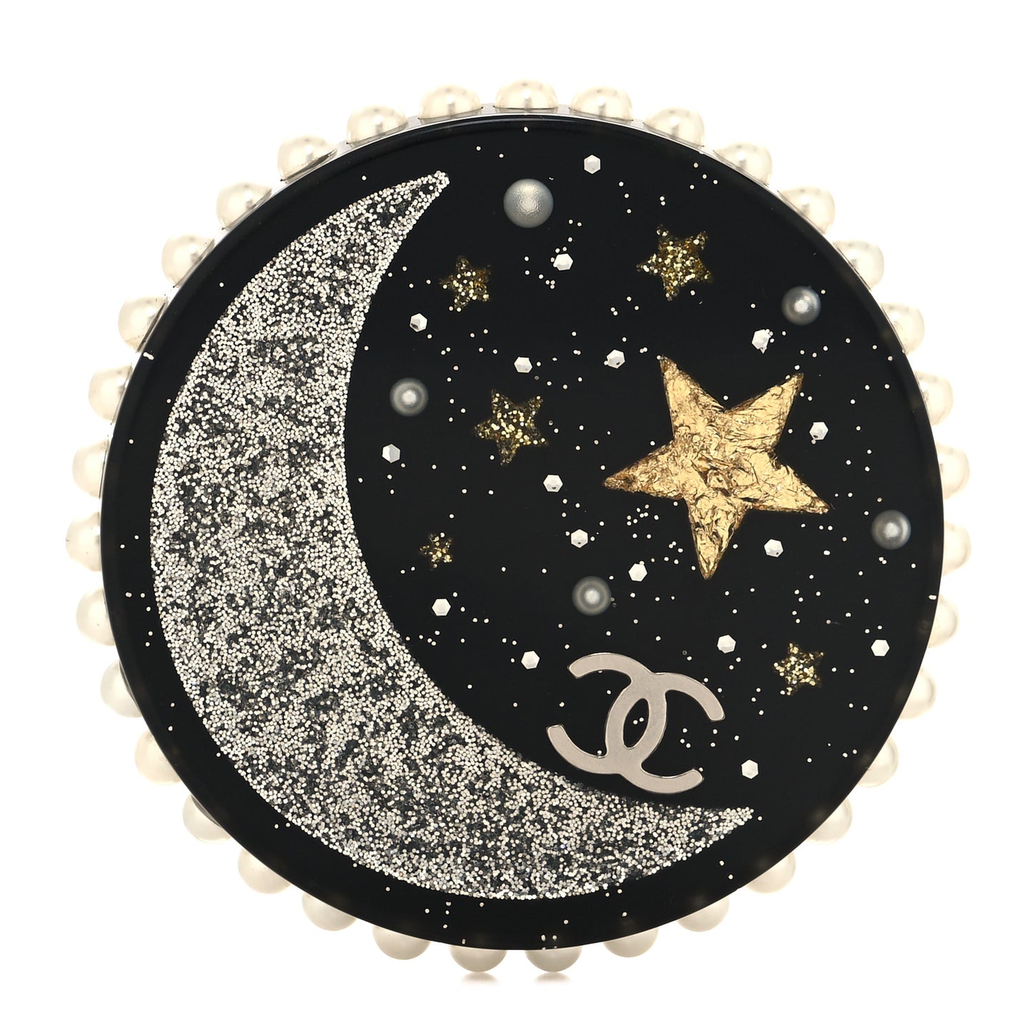 Glittered Resin Crystal Pearl CC Moon Pin Brooch Black Gold Silver