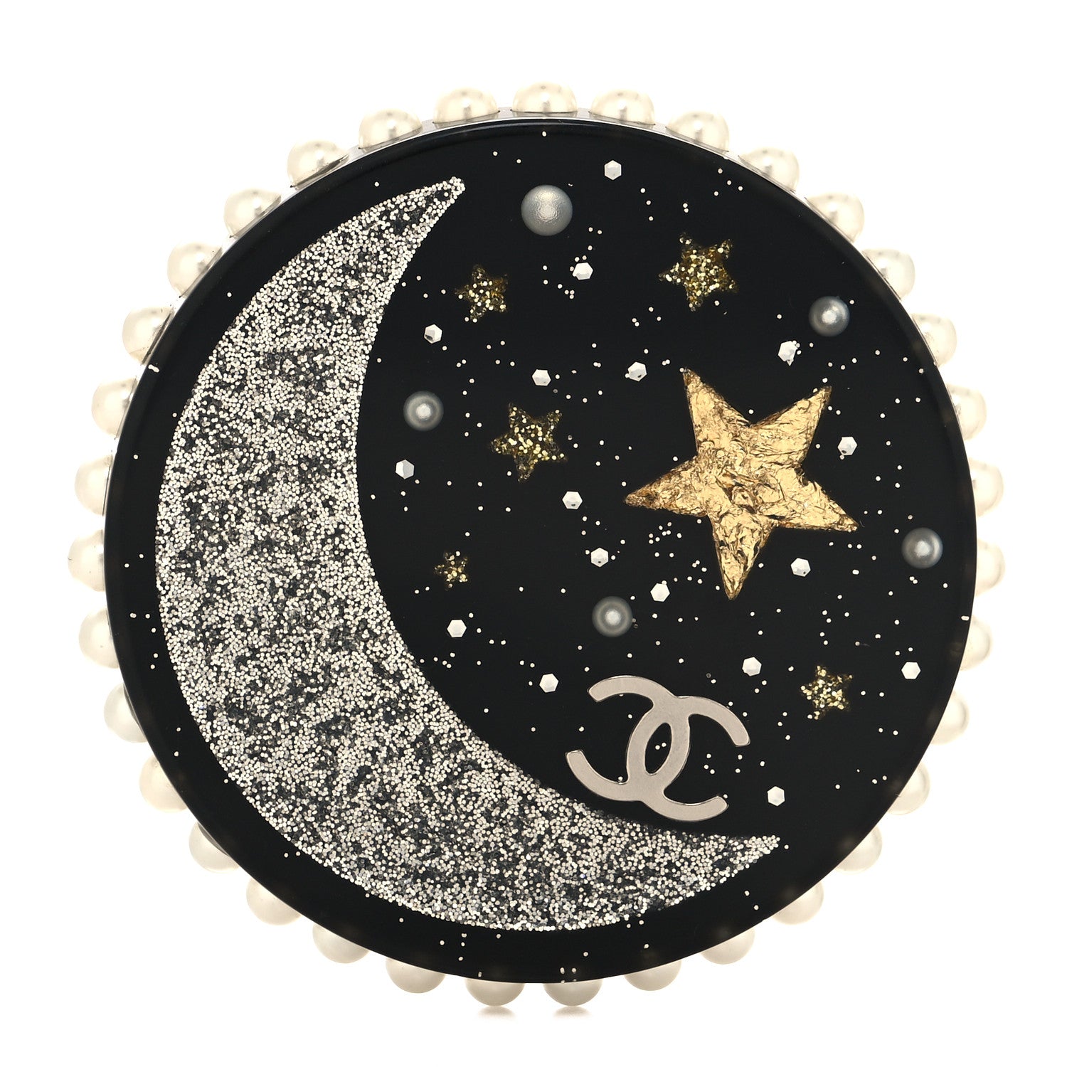 Chanel Glittered Resin Crystal Pearl CC Moon Pin Brooch Black Gold Silver 1 of 3
