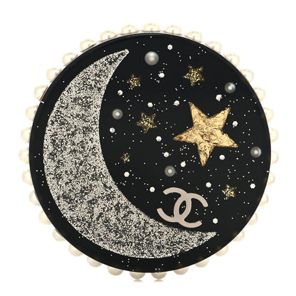 Chanel Glittered Resin Crystal Pearl CC Moon Pin Brooch Black Gold Silver 1 of 3