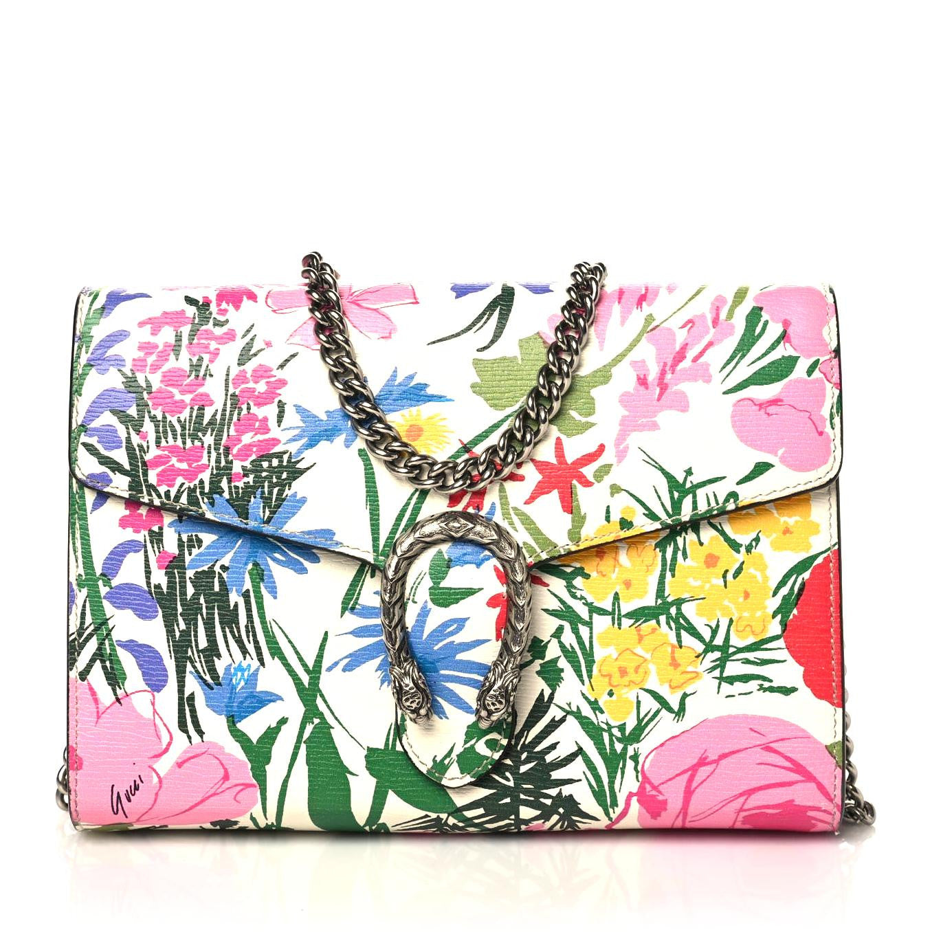 X KEN SCOTT New Shangai Calfskin Jardin D'Avril Floral Print Mini Dionysus Chain Wallet Ivory Pink