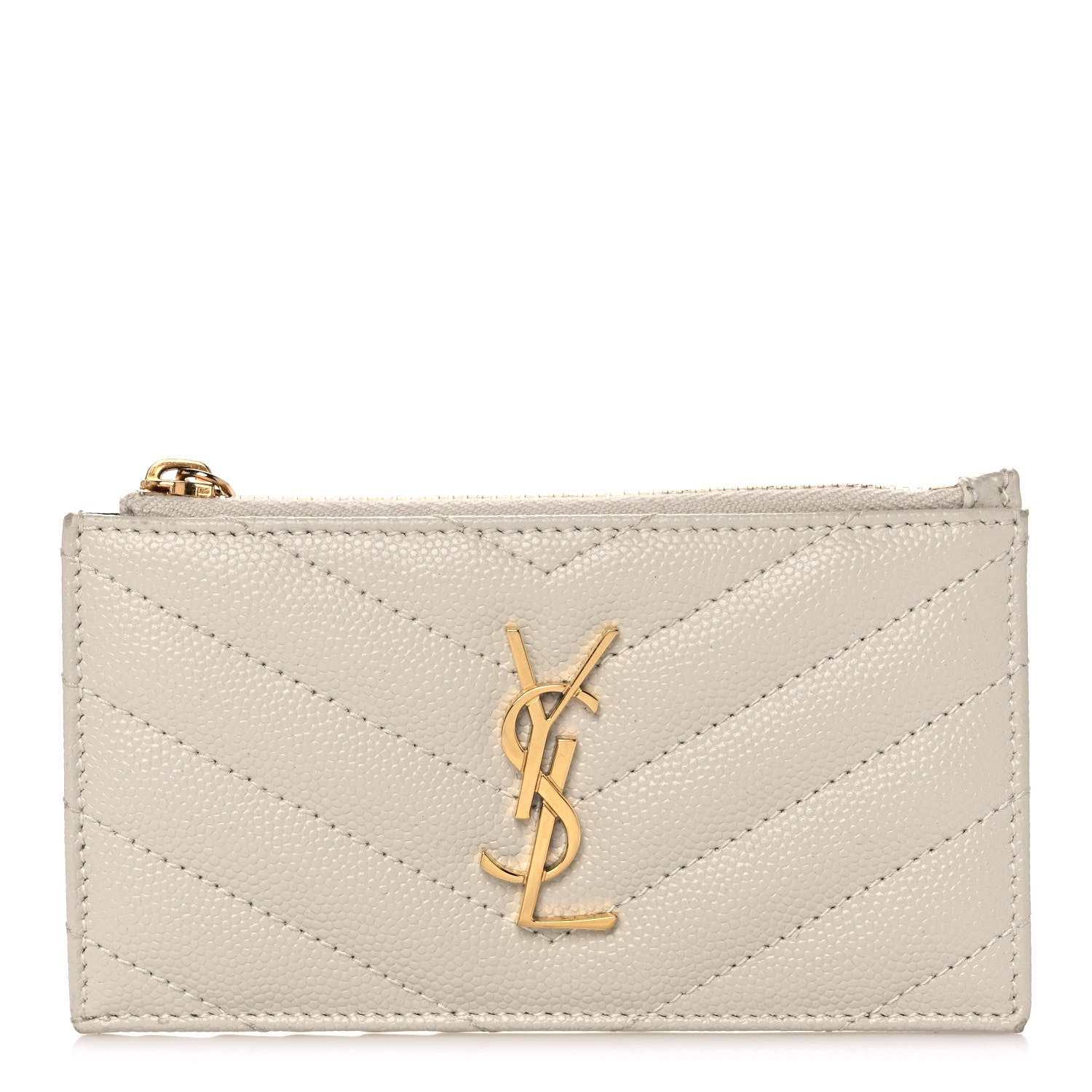 Saint Laurent Grain De Poudre Matelasse Chevron Monogram Fragments Zippered Card Case Crema Soft 1 of 11