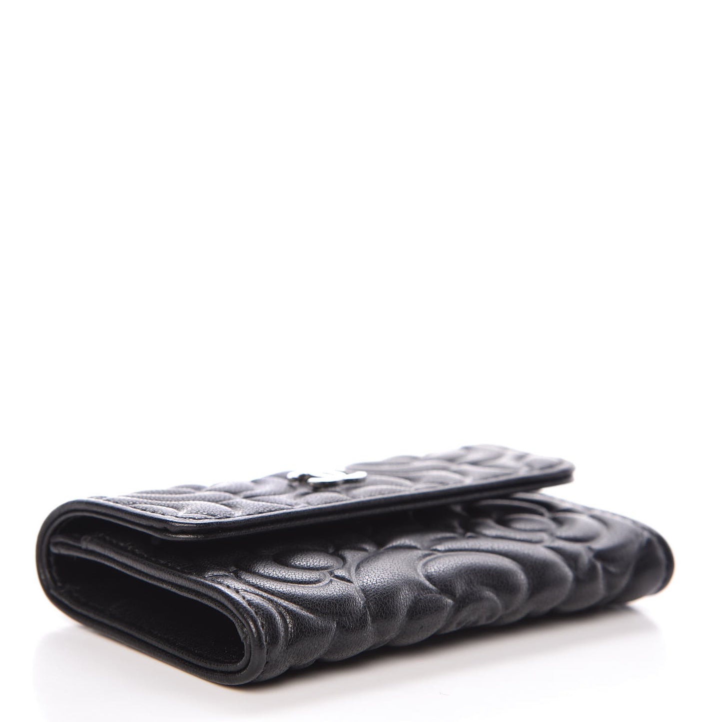 Goatskin Camellia Embossed Flap Card Holder Black