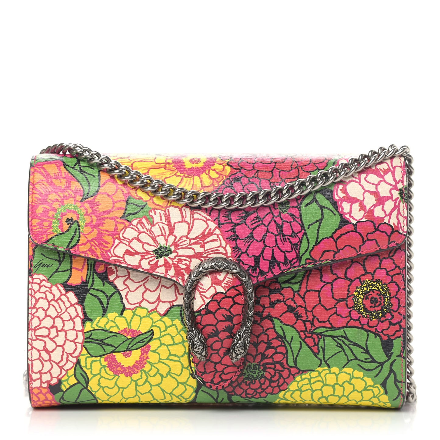 X KEN SCOTT Textured Calfskin Pomponica Print Mini Dionysus Chain Wallet Multicolor Fuxia Pompon