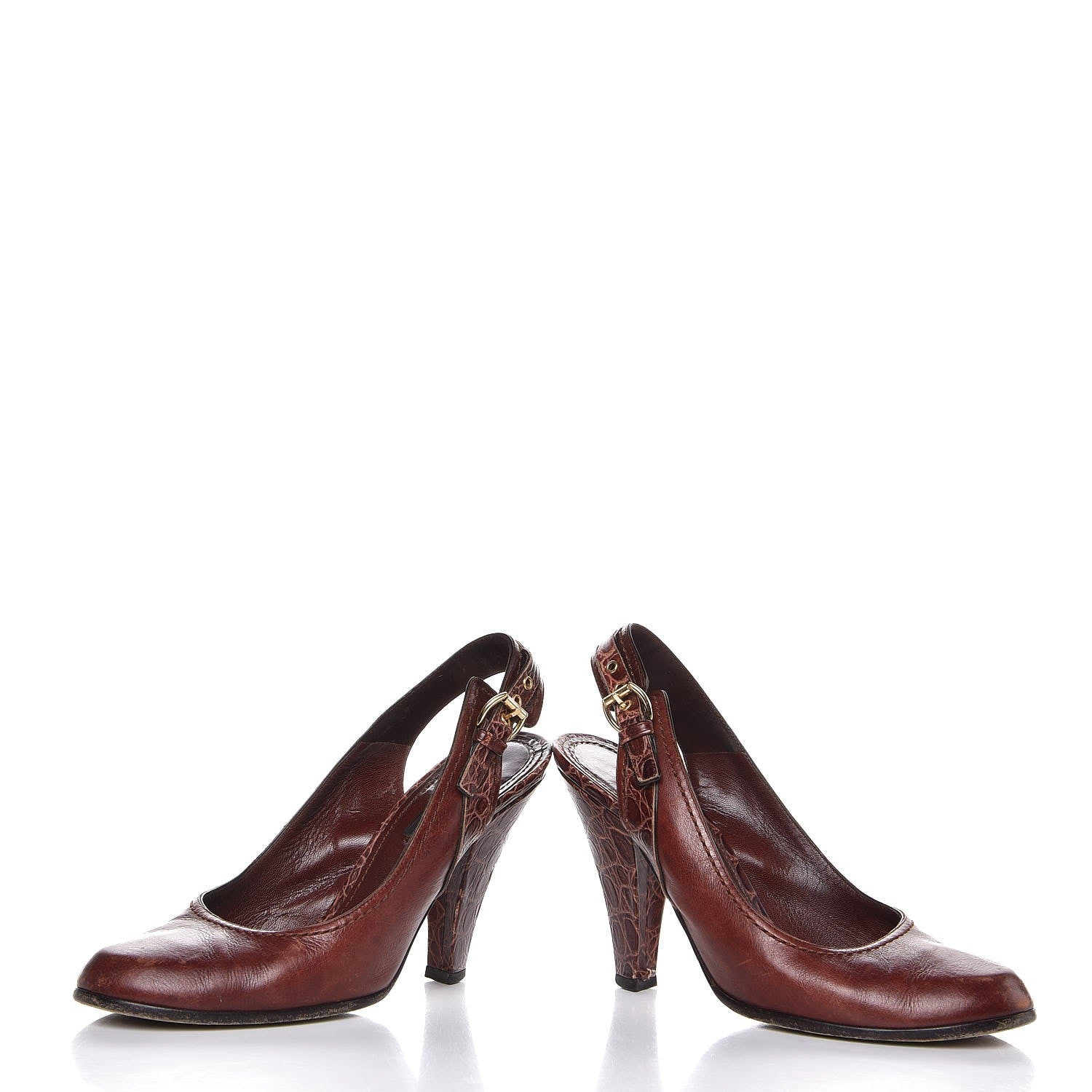 Louis Vuitton Calfskin Croc Embossed Slingback Heels 36.5 Brown 5 of 11