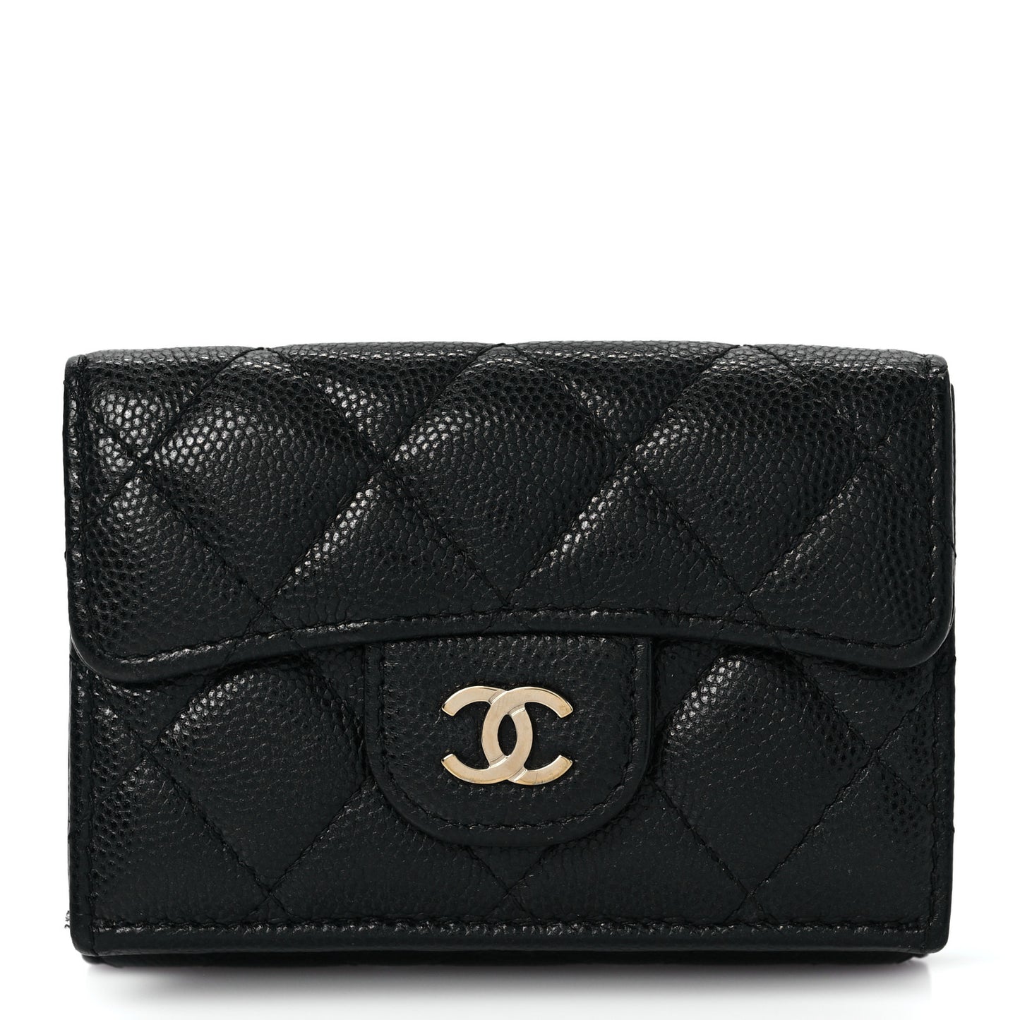 Caviar Quilted Tri-Fold Flap Wallet Black