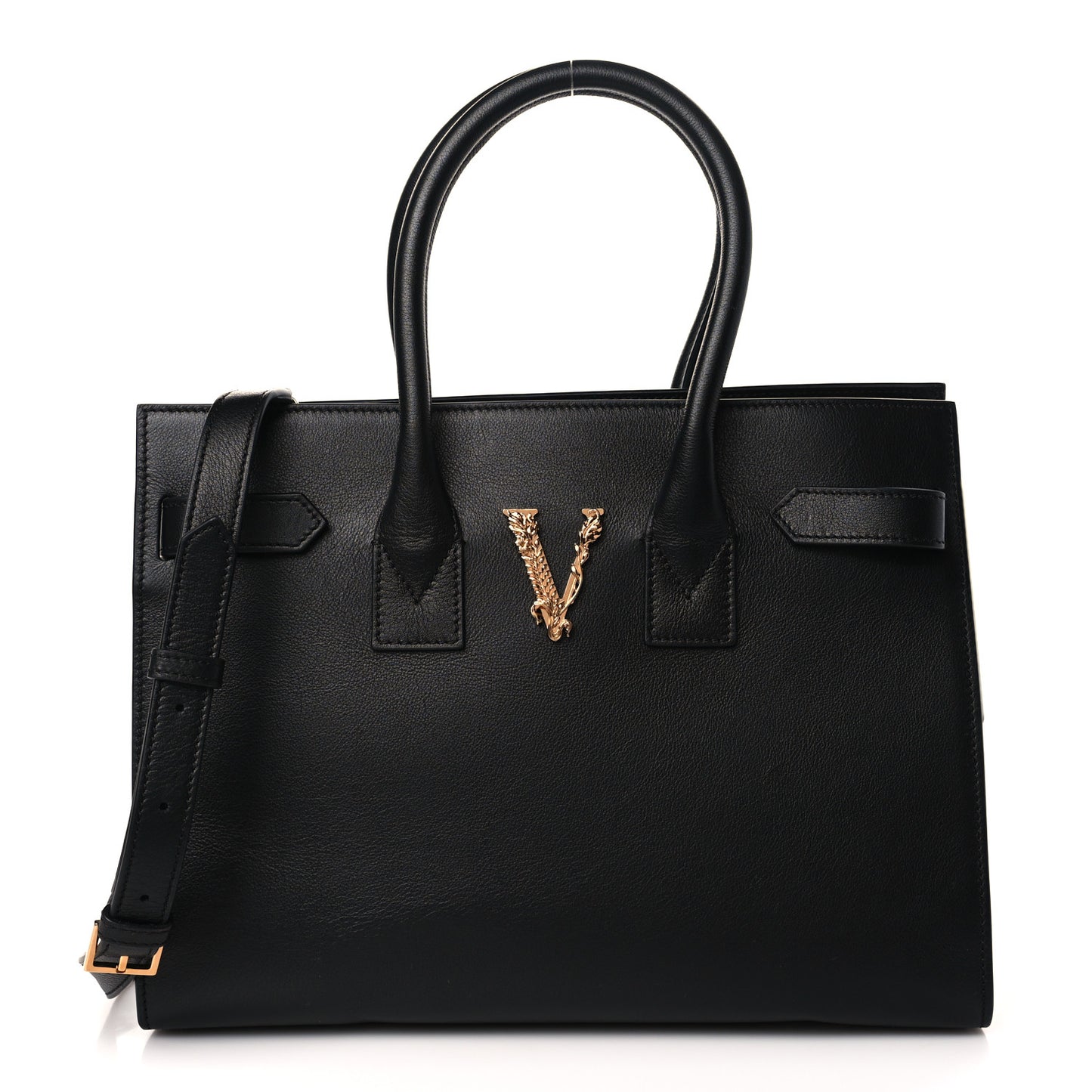Grained Calfskin Large Virtus Top Handle Shoulder Bag Black