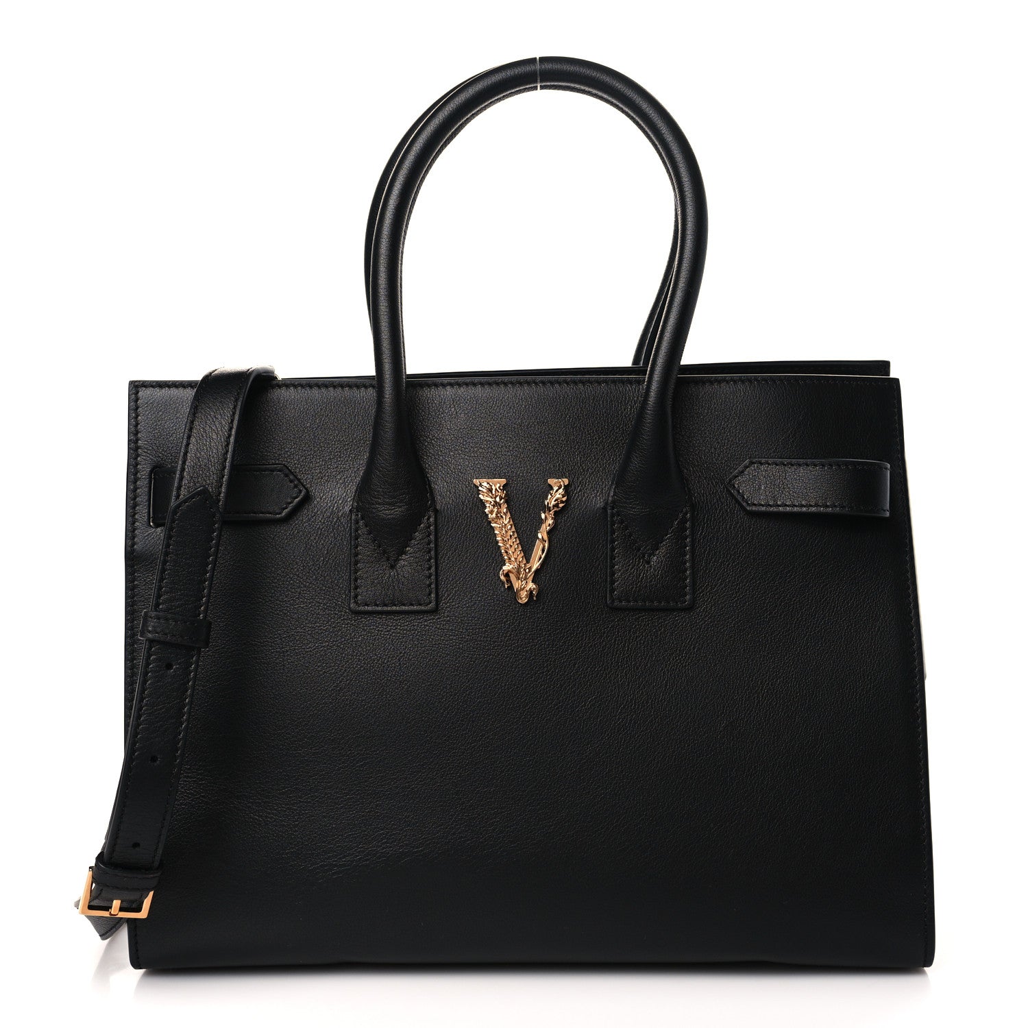 Versace Grained Calfskin Large Virtus Top Handle Shoulder Bag Black 1 of 8