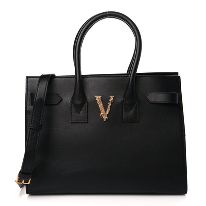 Versace Grained Calfskin Large Virtus Top Handle Shoulder Bag Black 1 of 8