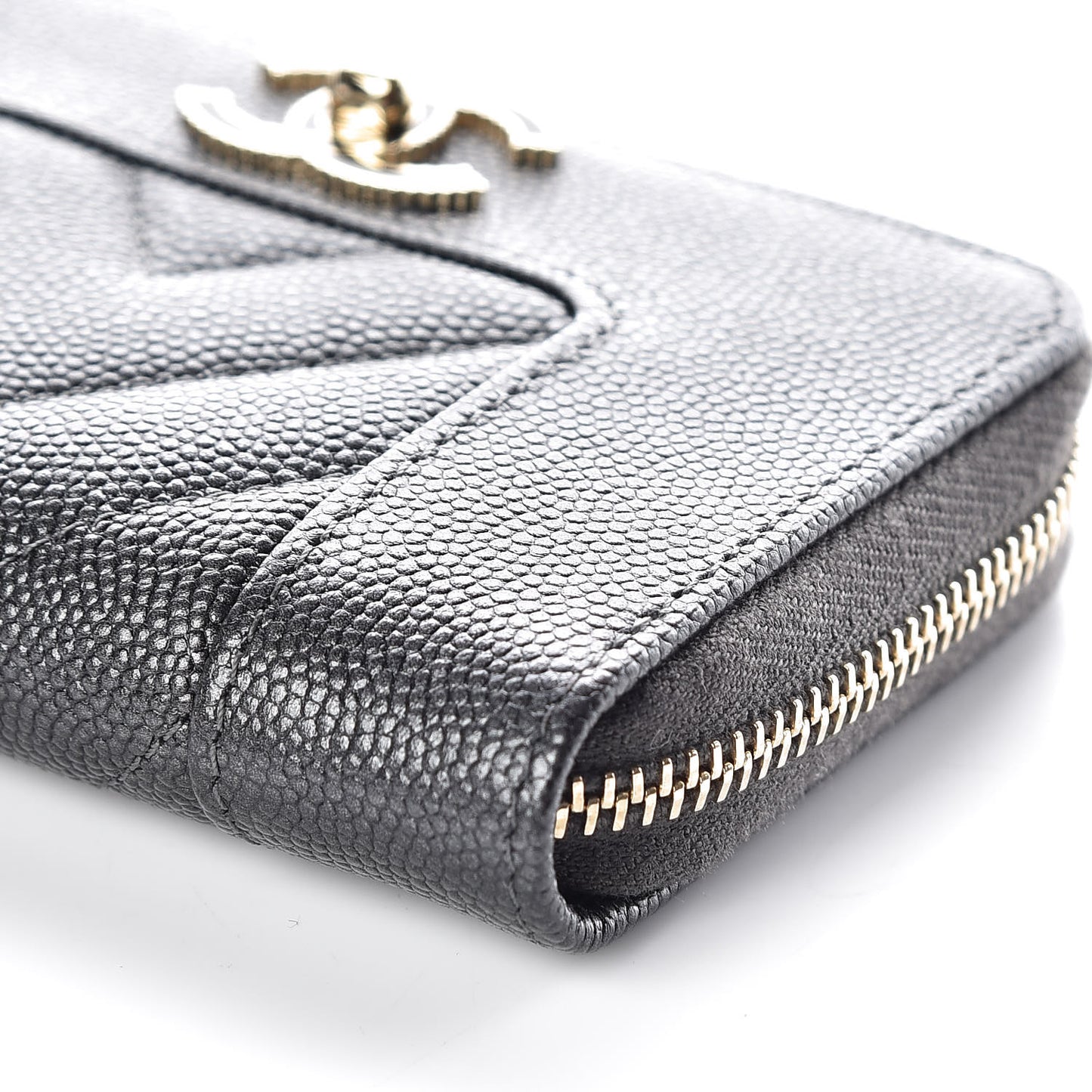 Metallic Caviar Chevron Quilted Vintage Mademoiselle Zip Coin Purse Dark Grey