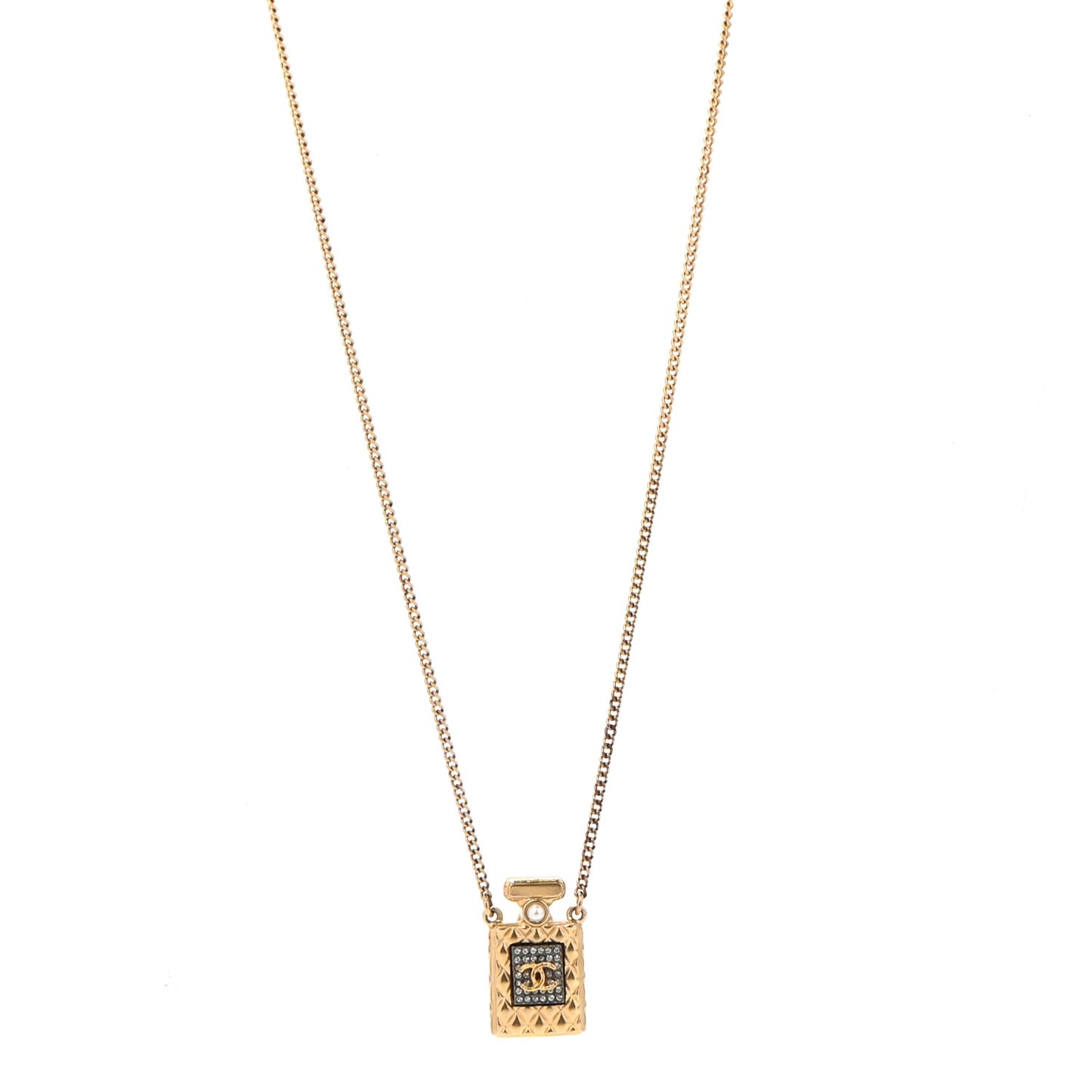 Crystal Pearl Perfume Bottle CC Necklace Black Gold