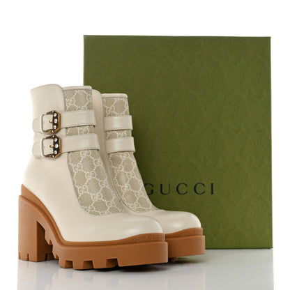 Gucci Kensington Calfskin Nappa GG Supreme Monogram Womens Double Buckle Ankle Boots 40 Mystic White Beige 10 of 10