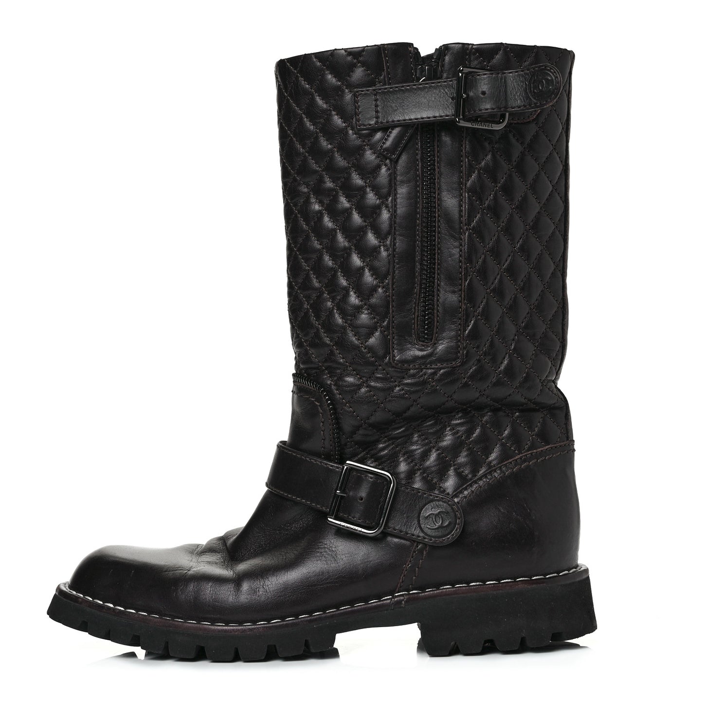 Calfskin Quilted Biker Boots 39 Brown