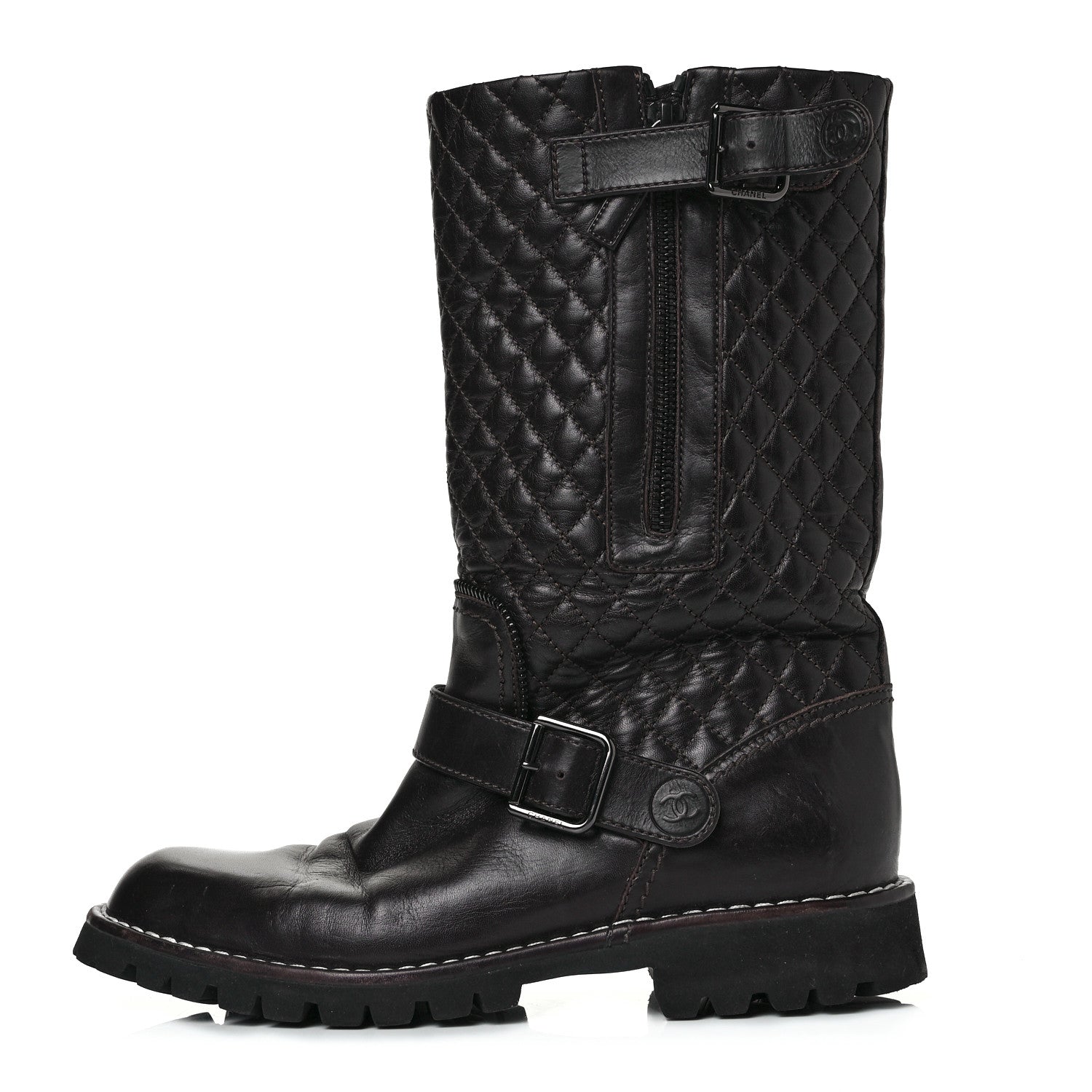 Chanel Calfskin Quilted Biker Boots 39 Brown 1 of 9