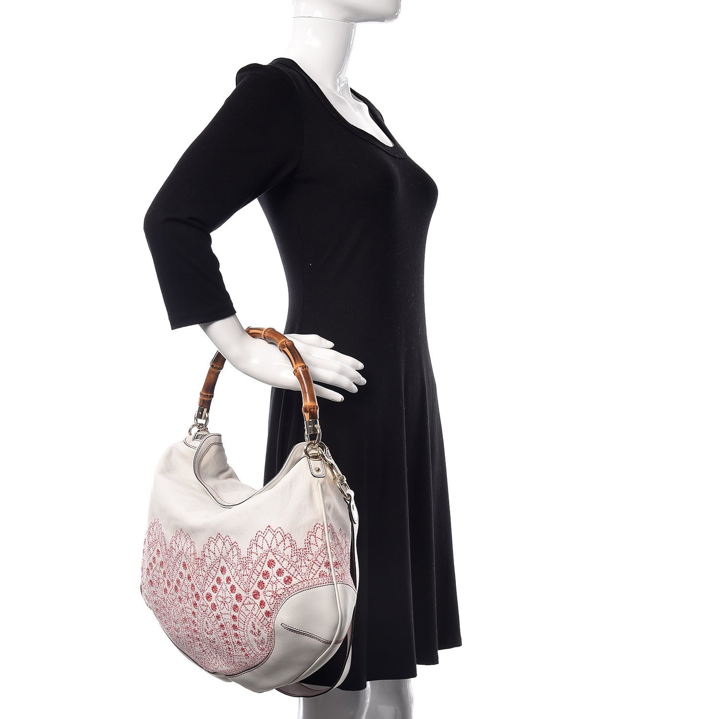 Canvas Embroidered Peggy Bamboo Top Handle Hobo White