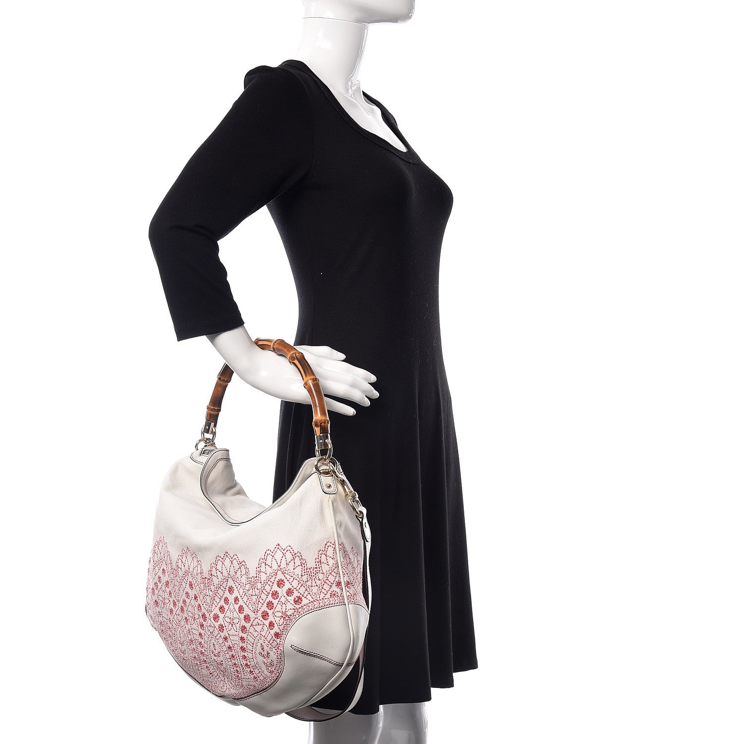 Gucci Canvas Embroidered Peggy Bamboo Top Handle Hobo White 2 of 15