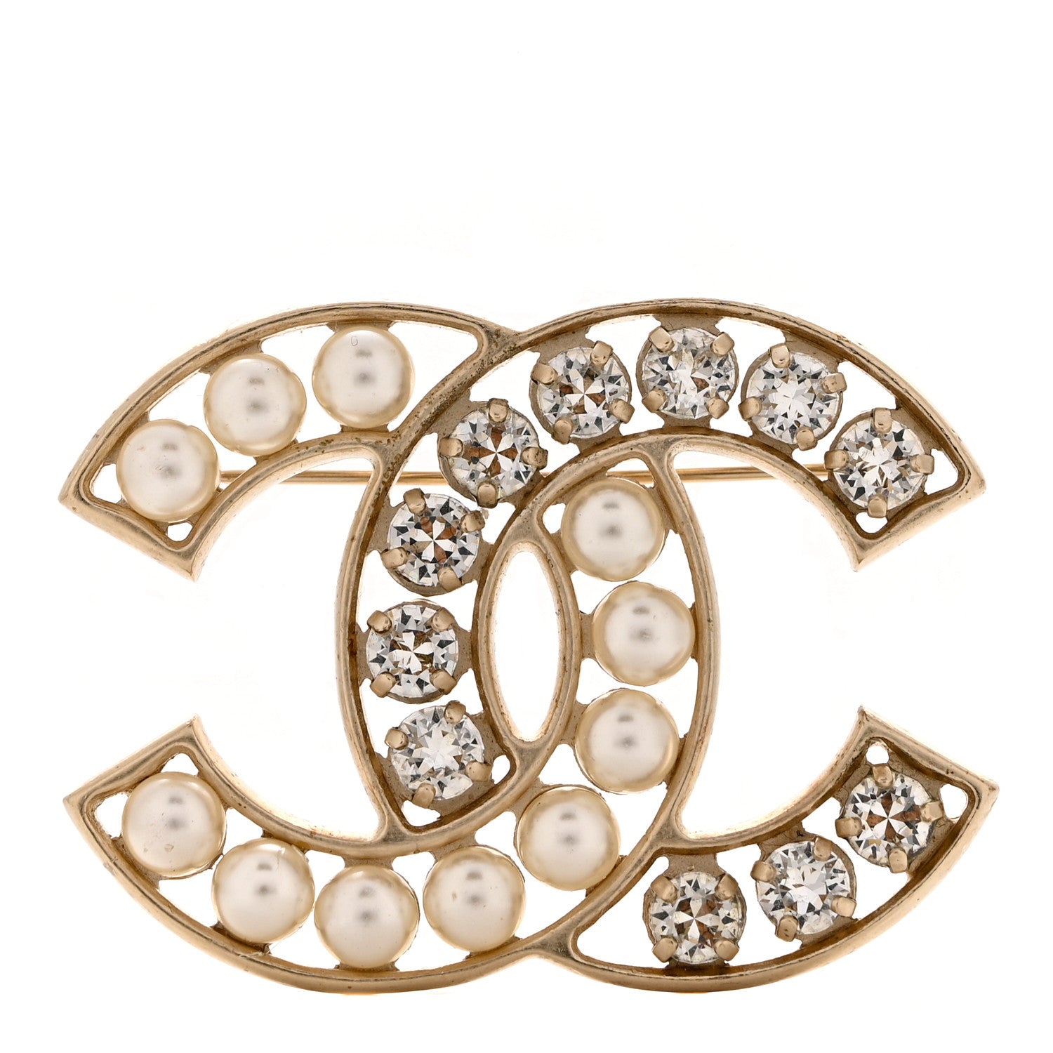 Chanel Pearl Crystal CC Brooch Gold Pearly White 1 of 5