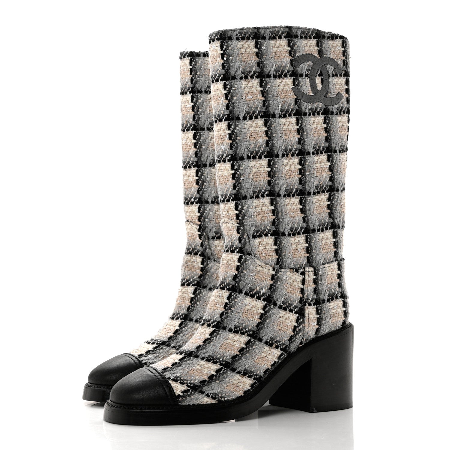 Chanel Wool Tweed Calfskin Cap Toe High Boots 39 Black Ivory Beige Grey 3 of 7
