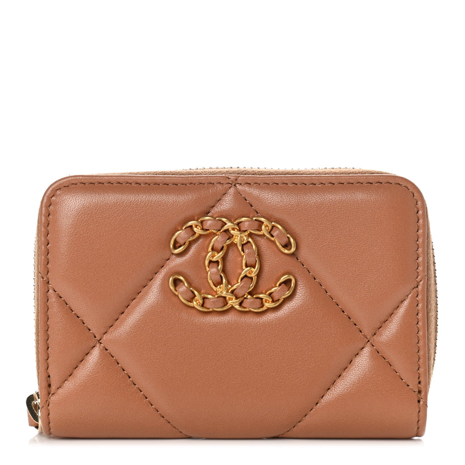 Chanel Lambskin Quilted Chanel 19 Zip Around Coin Purse Wallet Brown 1 of 8