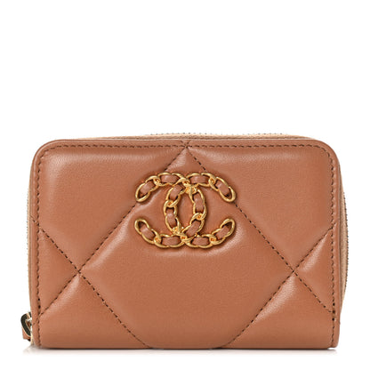 Chanel Lambskin Quilted Chanel 19 Zip Around Coin Purse Wallet Brown 1 of 8