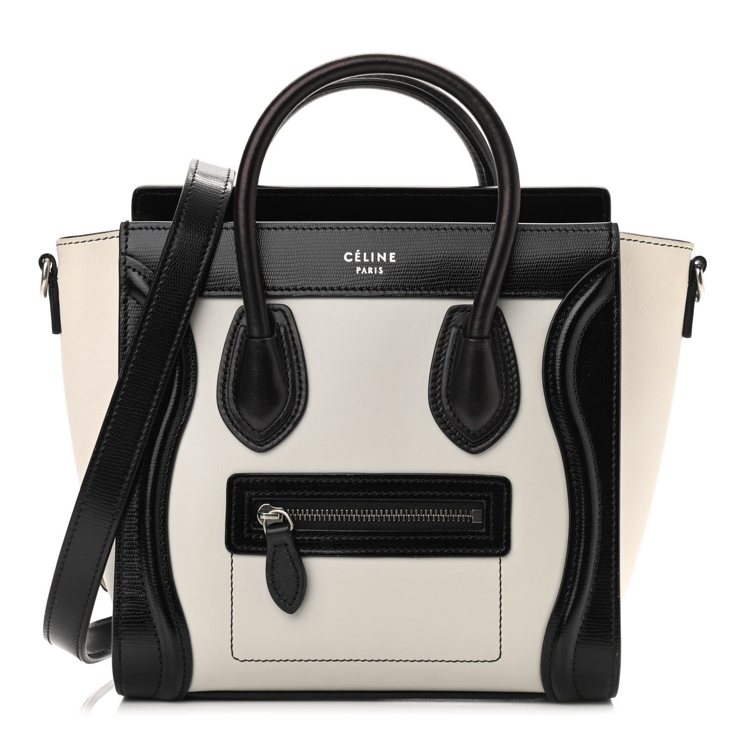 Celine Smooth Calfskin Lizard Embossed Nano Luggage White Black 1 of 9