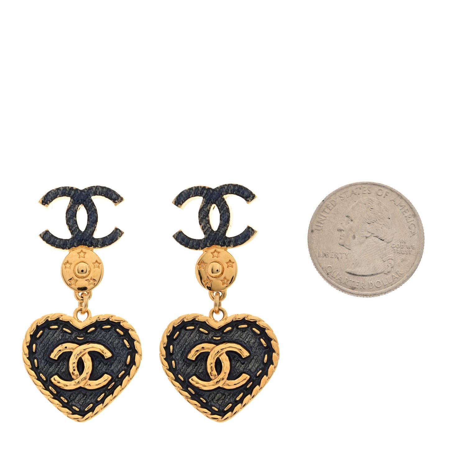 Metal Enamel CC Denim Heart Drop Earrings Gold Blue