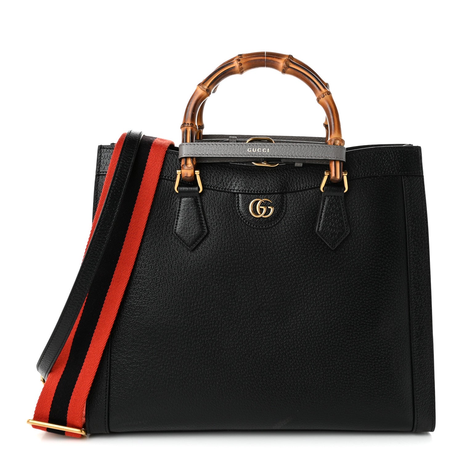 Gucci Textured Dollar Calfskin Web Medium Diana Tote Bag Black Dusty Grey 1 of 10