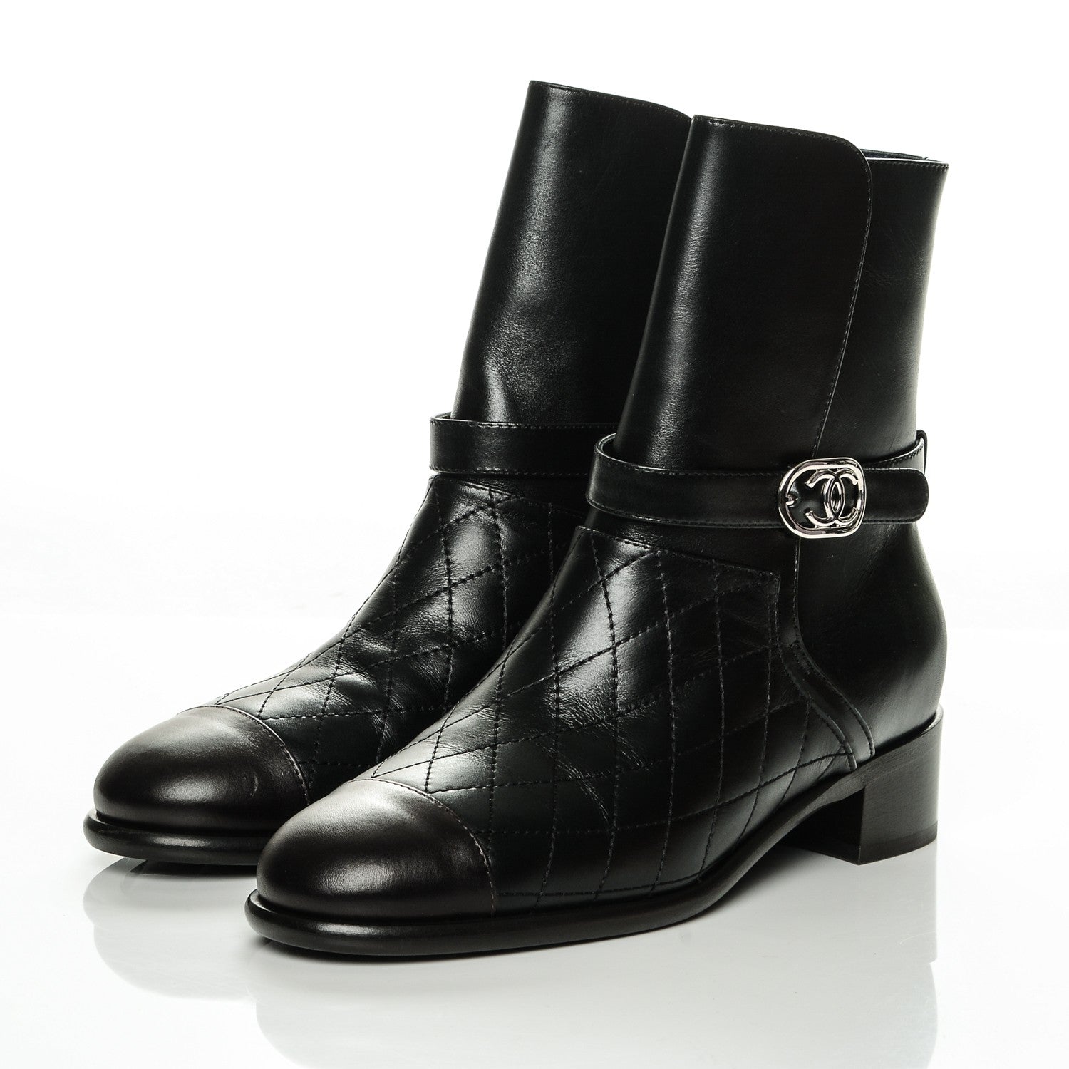 Chanel Calfskin Quilted Cap Toe Boots 37 Black Brown 3 of 7