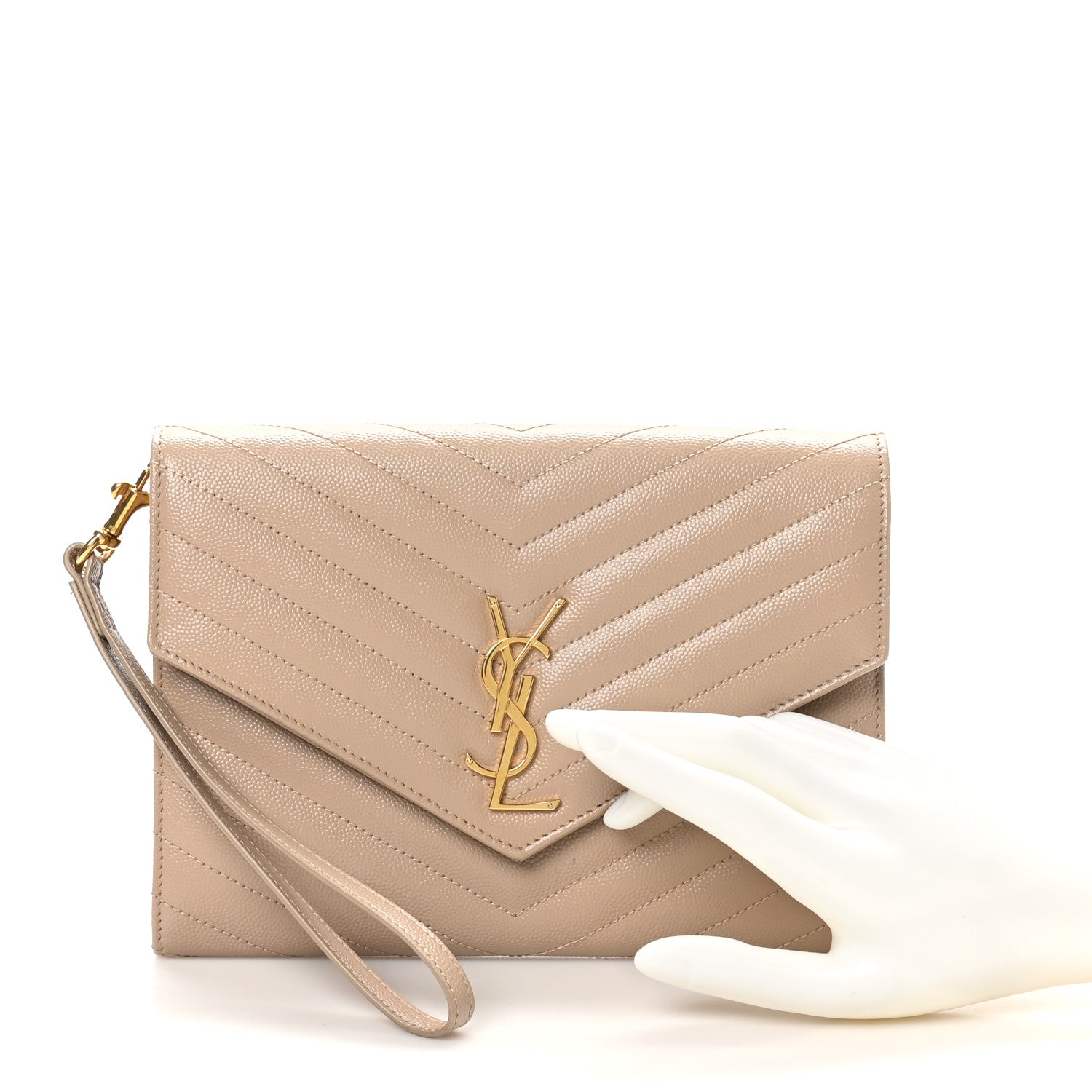 Saint Laurent Grain De Poudre Matelasse Chevron Monogram Envelope Clutch Dark Beige 2 of 8